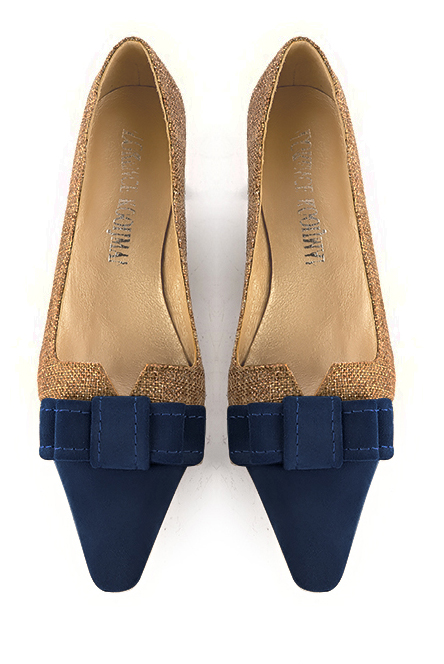 Navy blue and caramel brown women's dress pumps, with a knot on the front. Tapered toe. Low kitten heels. Worn view - Florence KOOIJMAN